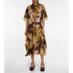 Dries Van Noten Embroidered Printed Silk Shirt Dress